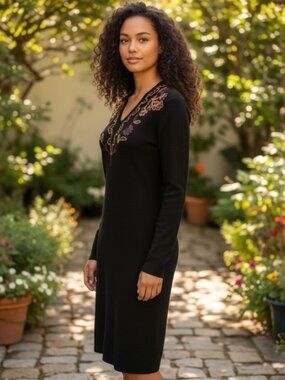 Vintage Carole Little Balck Embroidered V-Neck L/S Sweaterdress Size PS NWD